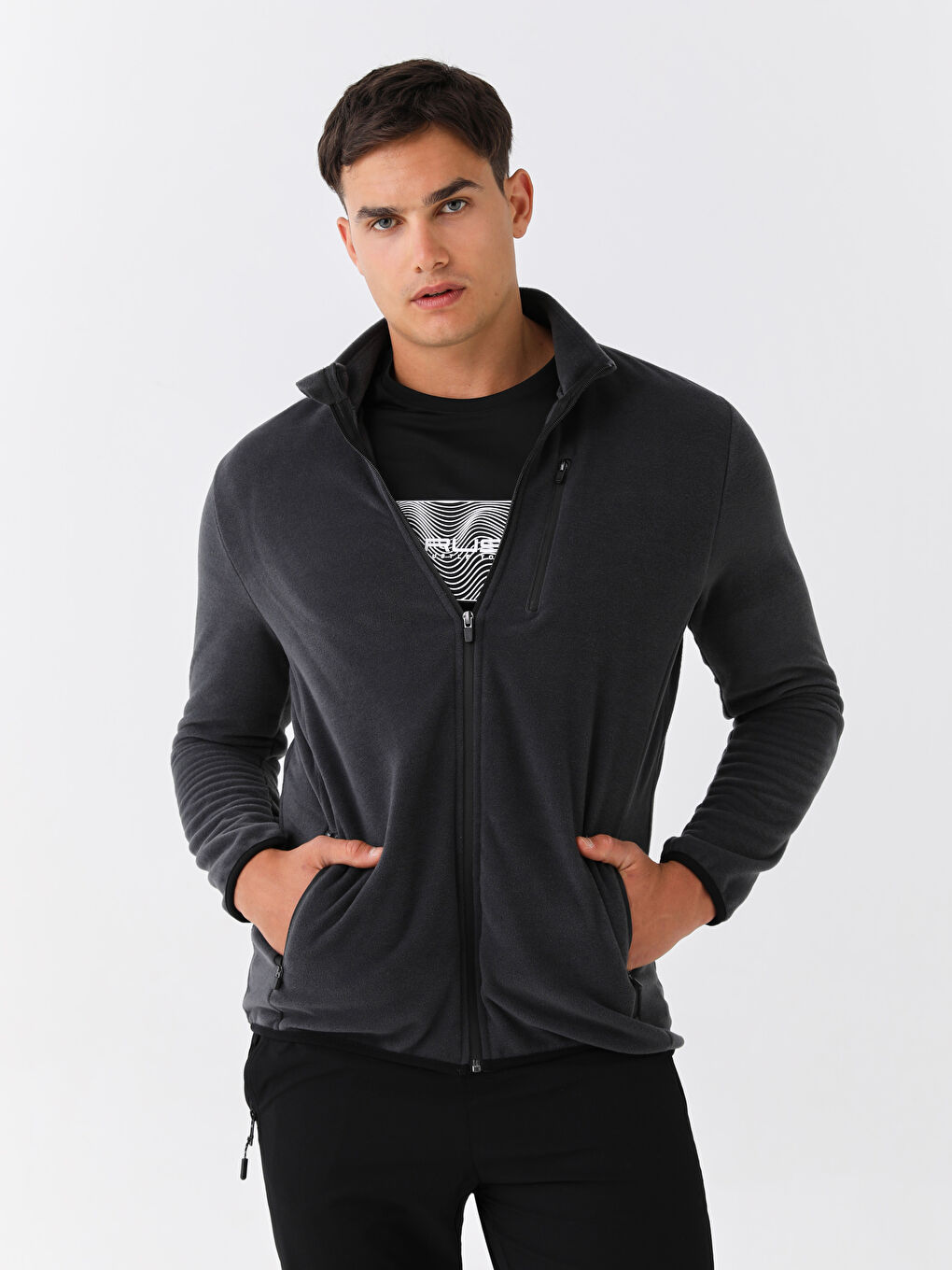 Gri Dik Yaka Uzun Kollu Polar Erkek Spor Hırka