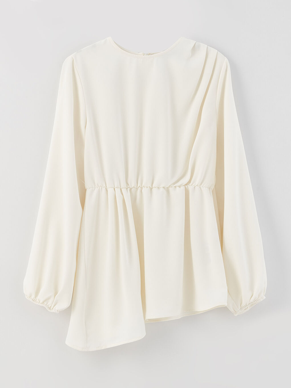 Ekru Bisiklet Yaka Düz Uzun Kollu Krep Kadın Tunik-5