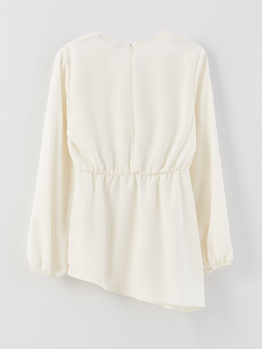 Ekru Bisiklet Yaka Düz Uzun Kollu Krep Kadın Tunik-6