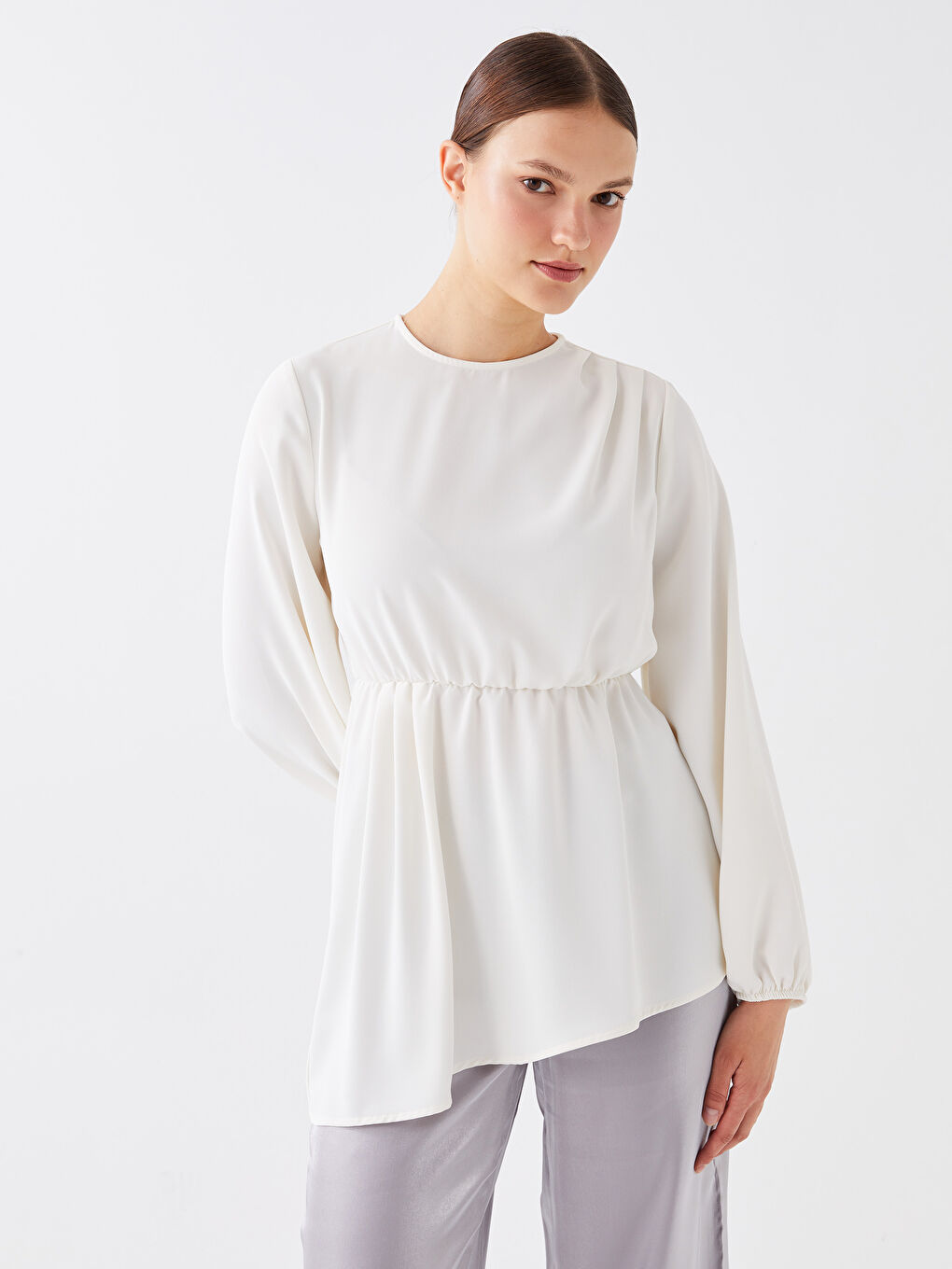 Ekru Bisiklet Yaka Düz Uzun Kollu Krep Kadın Tunik