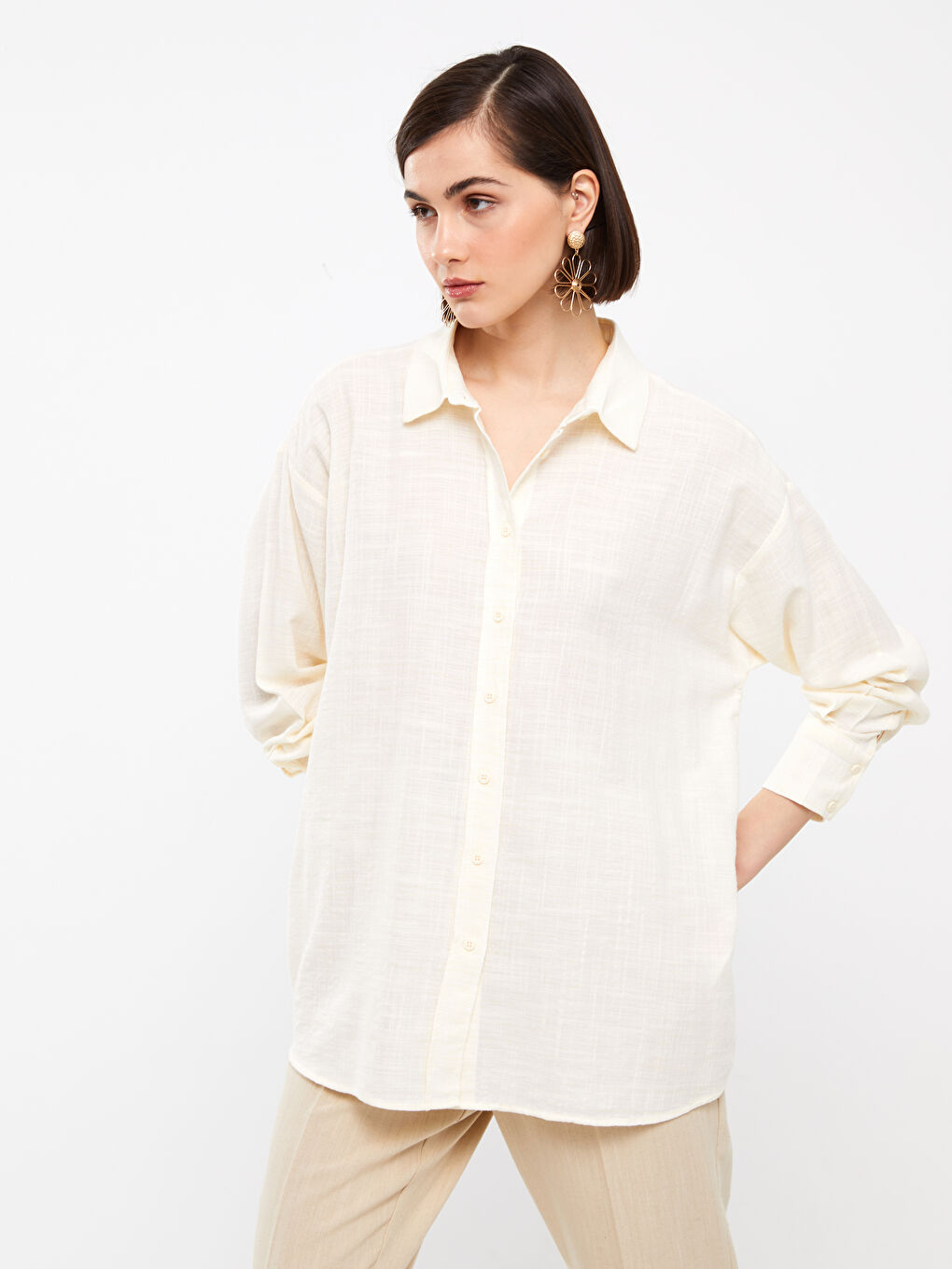 Straight Long Sleeve Oversize Linen Look Women's Shirt