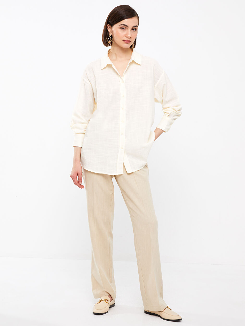 Straight Long Sleeve Oversize Linen Look Women's Shirt-1