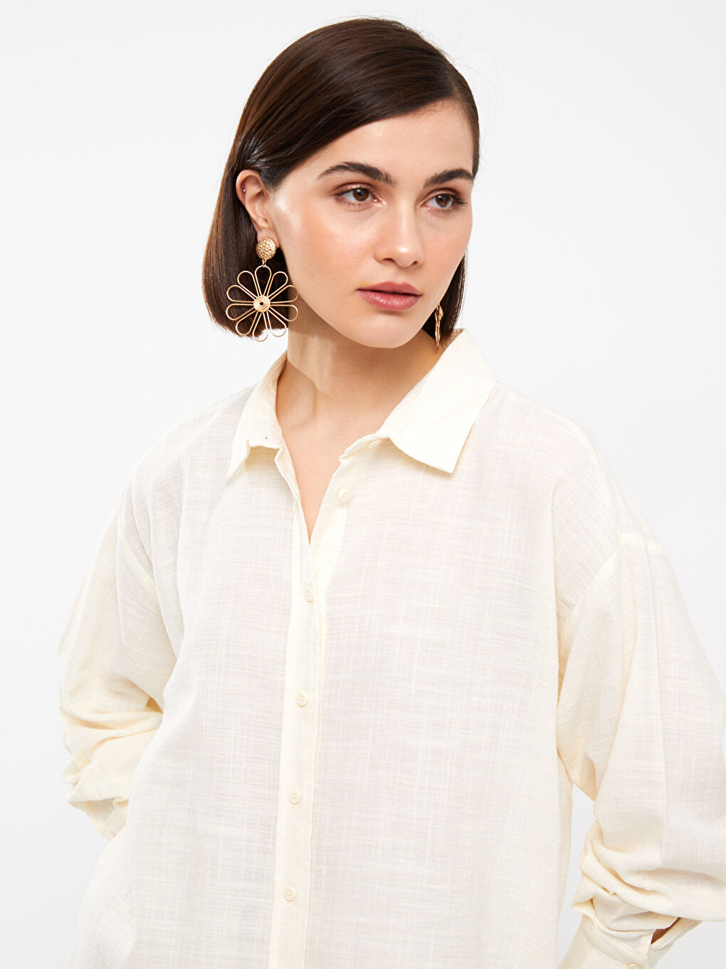 Straight Long Sleeve Oversize Linen Look Women's Shirt-2