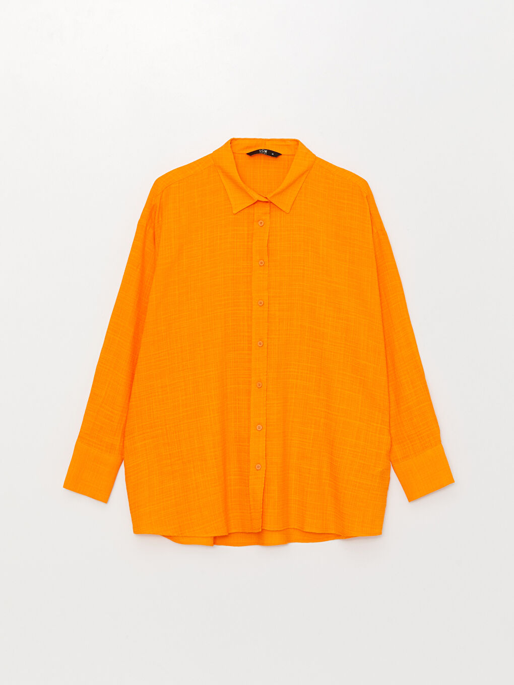 Turuncu Düz Uzun Kollu Oversize Keten Görünümlü Kadın Gömlek-5