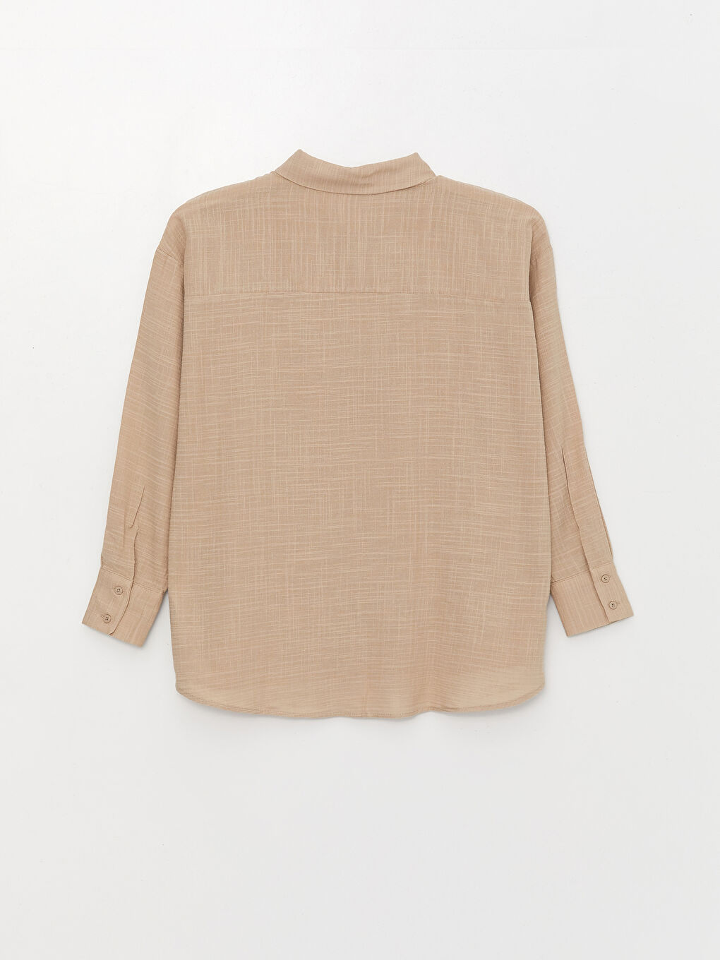 Bej Düz Uzun Kollu Oversize Keten Görünümlü Kadın Gömlek-6