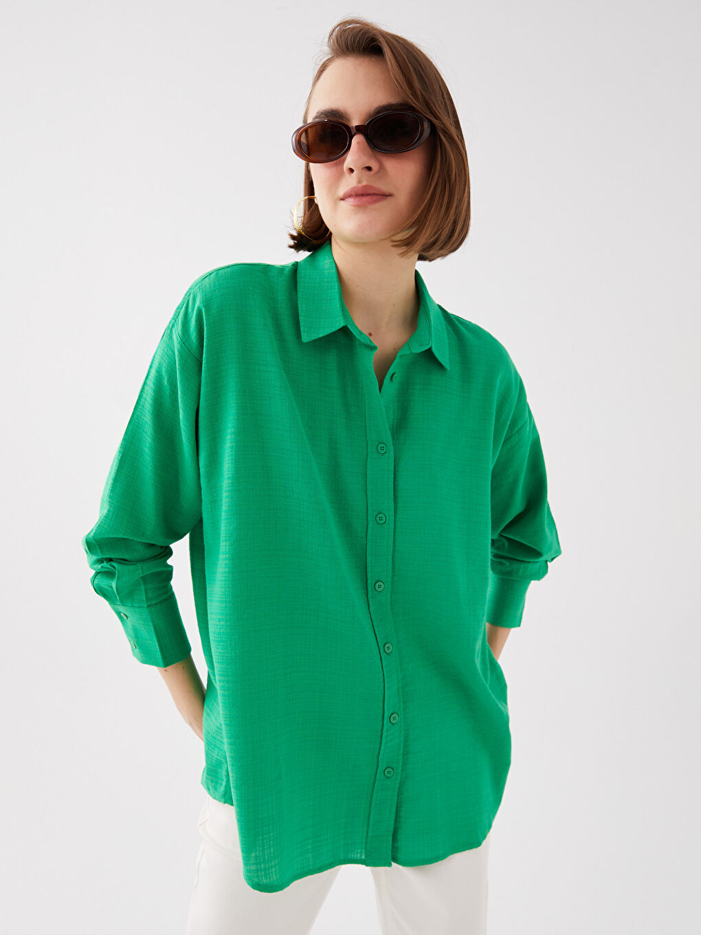 Yeşil Düz Uzun Kollu Oversize Keten Görünümlü Kadın Gömlek
