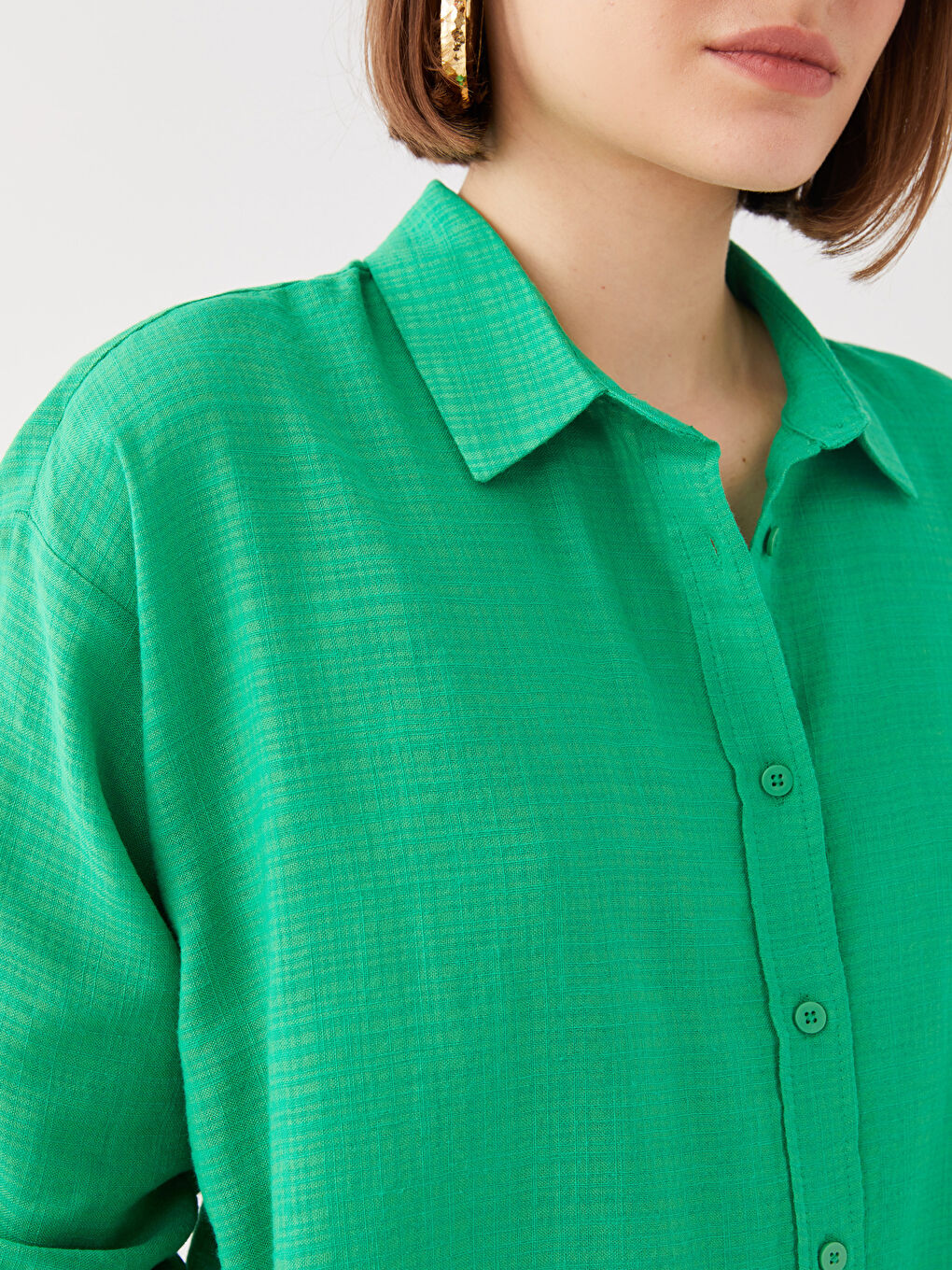 Yeşil Düz Uzun Kollu Oversize Keten Görünümlü Kadın Gömlek-3