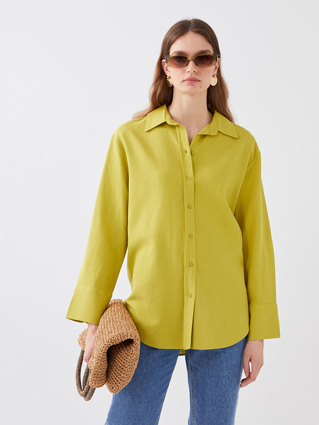 Yeşil Düz Uzun Kollu Oversize Kadın Gömlek