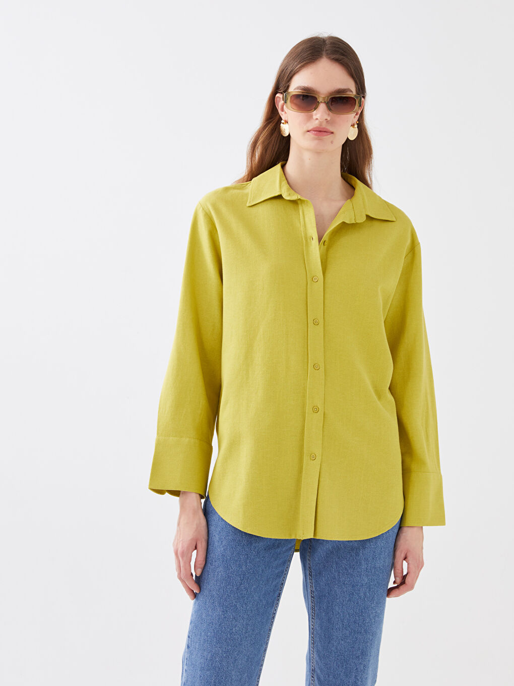 Yeşil Düz Uzun Kollu Oversize Kadın Gömlek-1