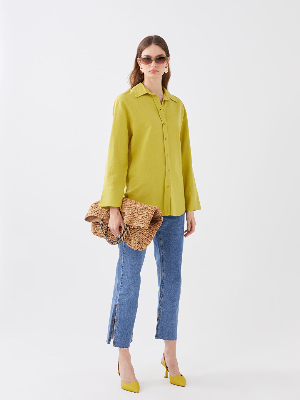 Yeşil Düz Uzun Kollu Oversize Kadın Gömlek-2