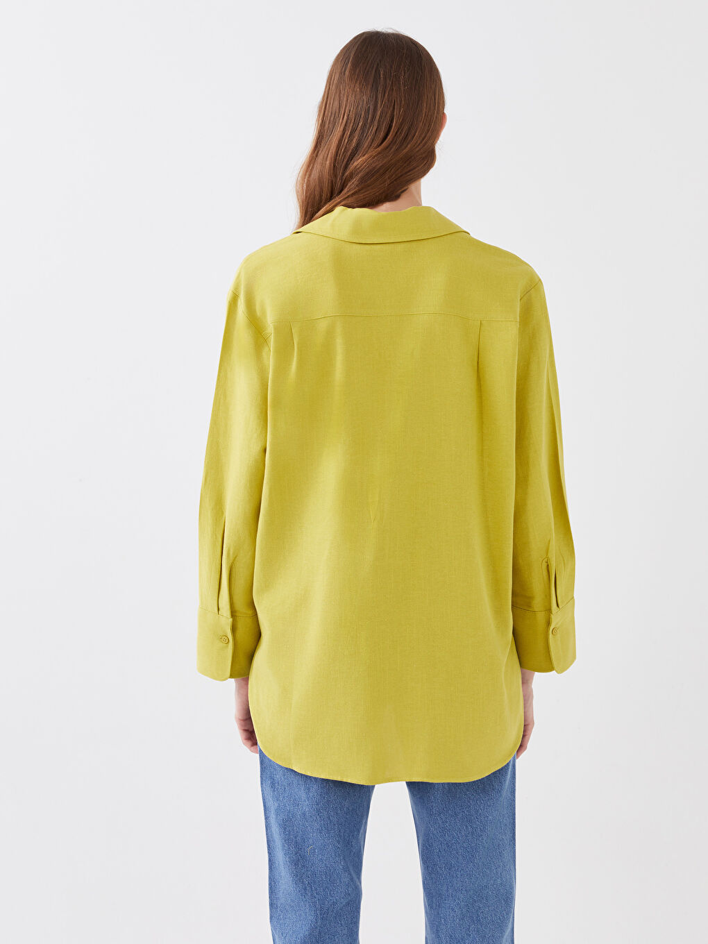 Yeşil Düz Uzun Kollu Oversize Kadın Gömlek-4