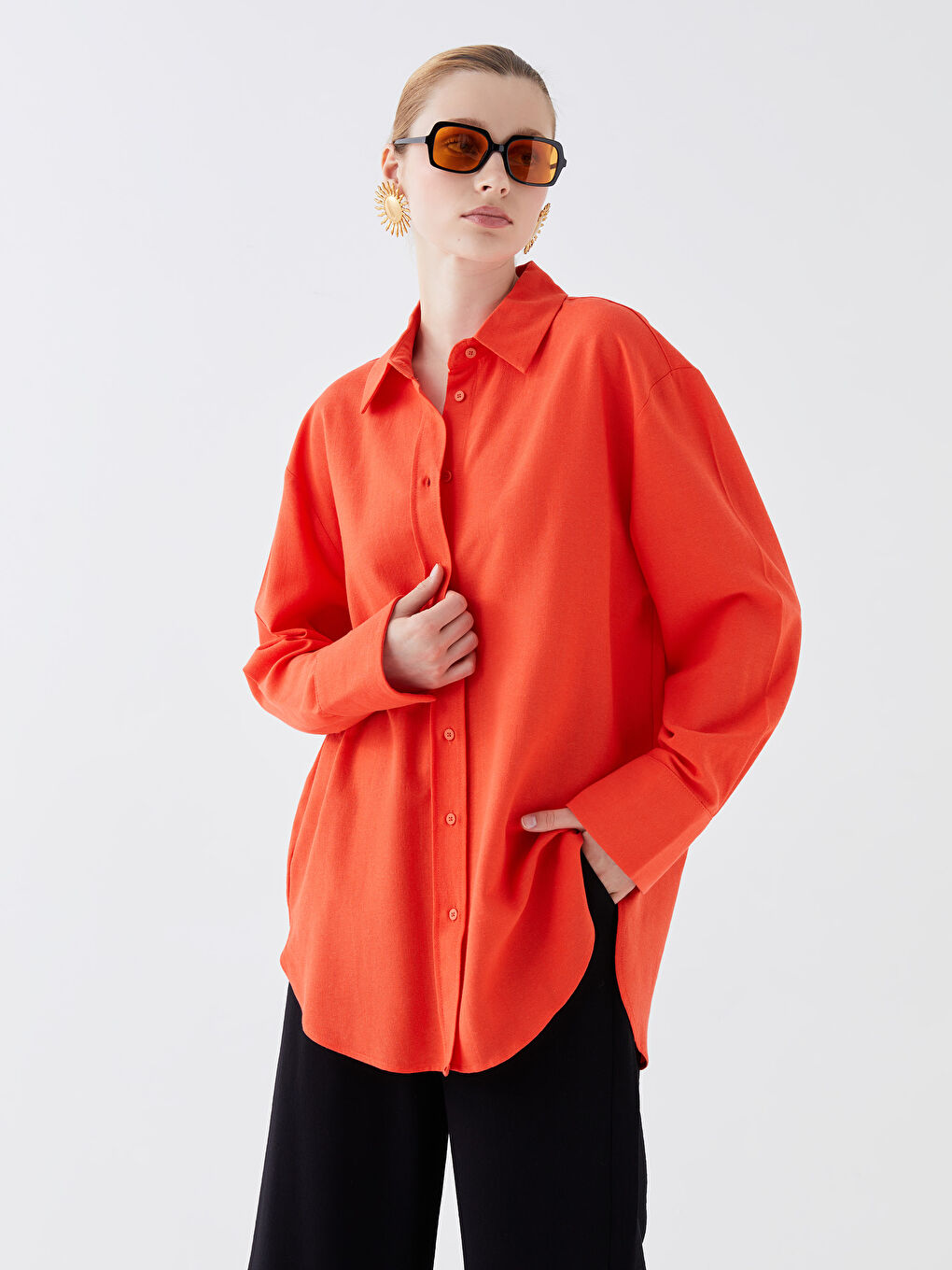 Turuncu Düz Uzun Kollu Oversize Keten Karışımlı Kadın Gömlek