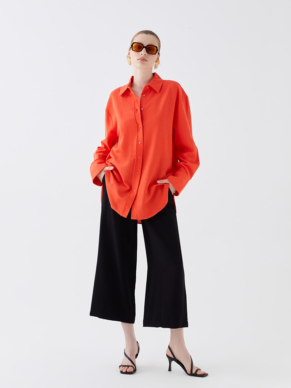 Turuncu Düz Uzun Kollu Oversize Keten Karışımlı Kadın Gömlek-2