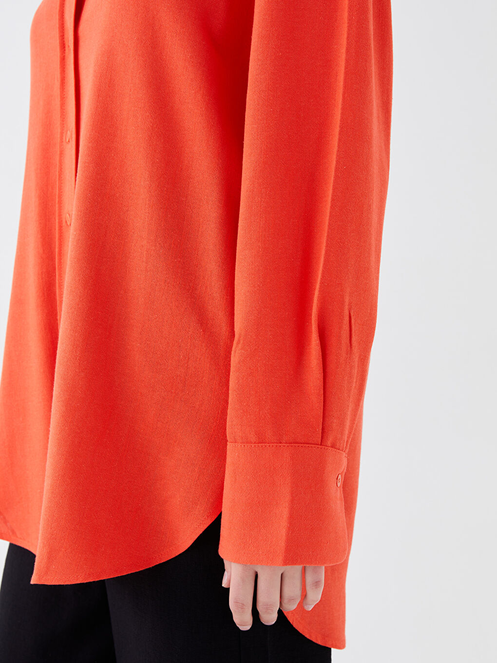 Turuncu Düz Uzun Kollu Oversize Keten Karışımlı Kadın Gömlek-3