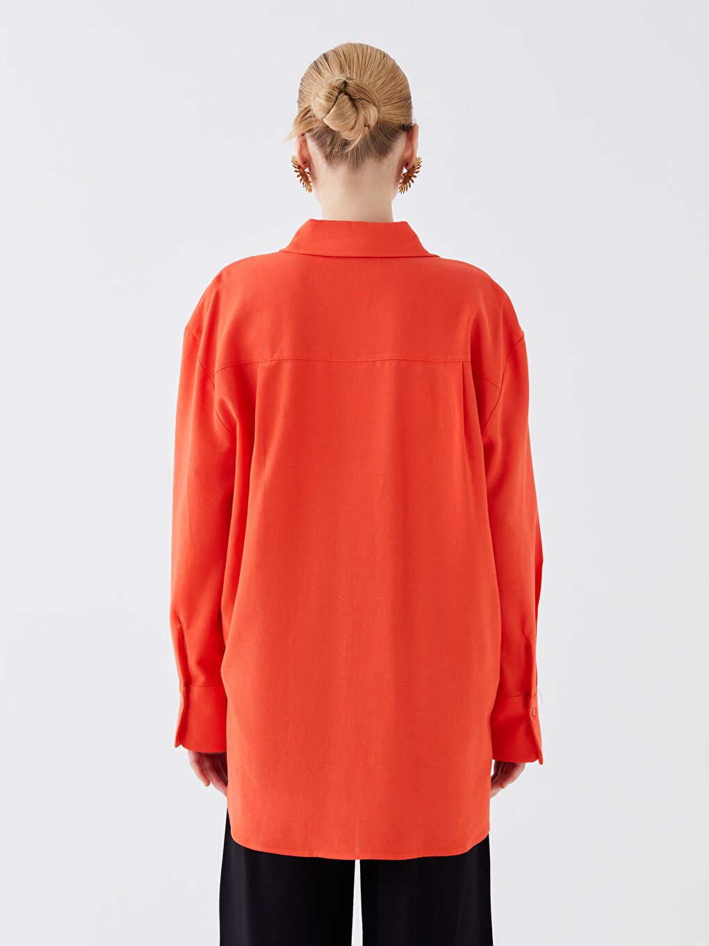 Turuncu Düz Uzun Kollu Oversize Keten Karışımlı Kadın Gömlek-4
