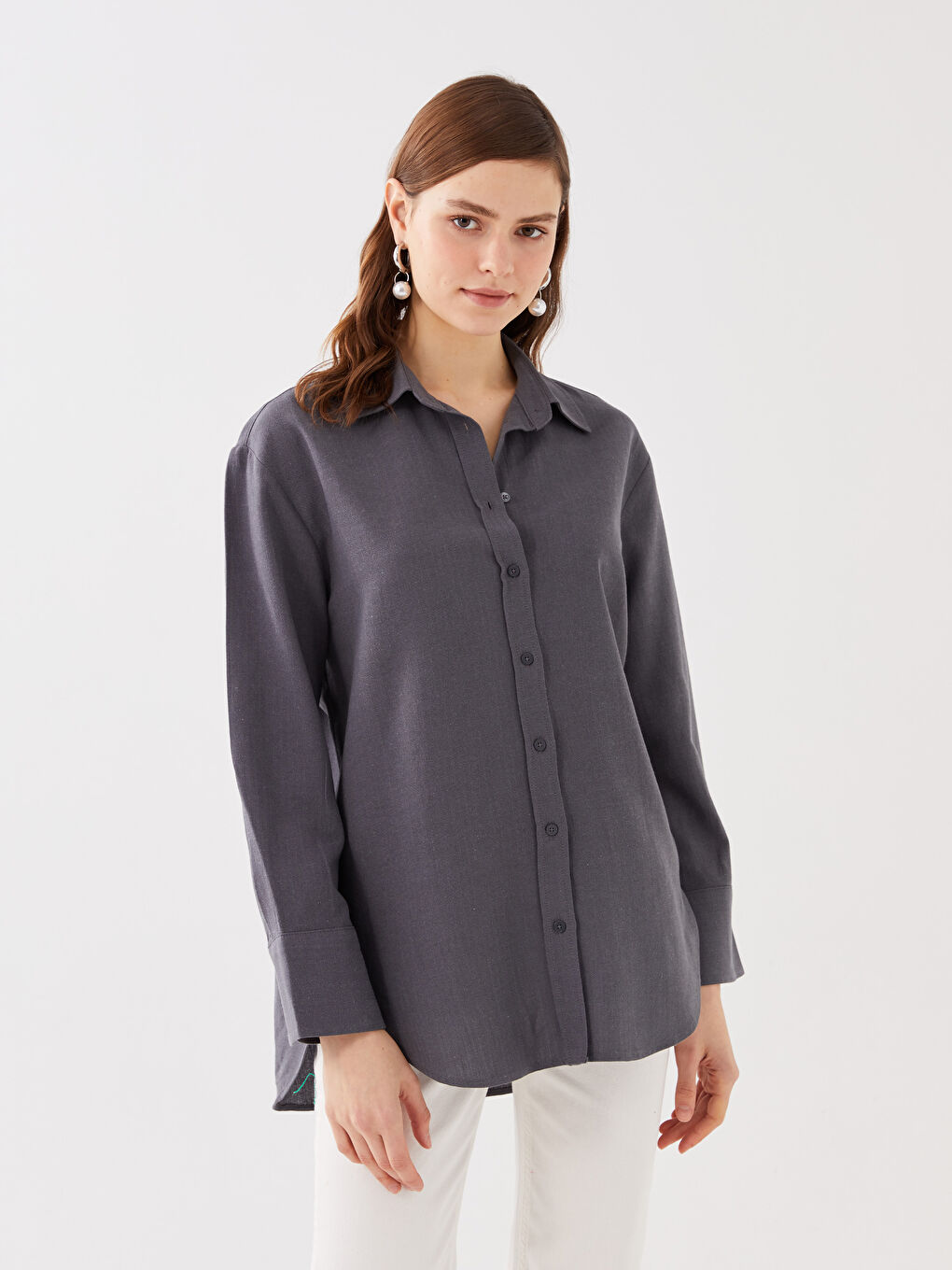 Gri Düz Uzun Kollu Oversize Kadın Gömlek