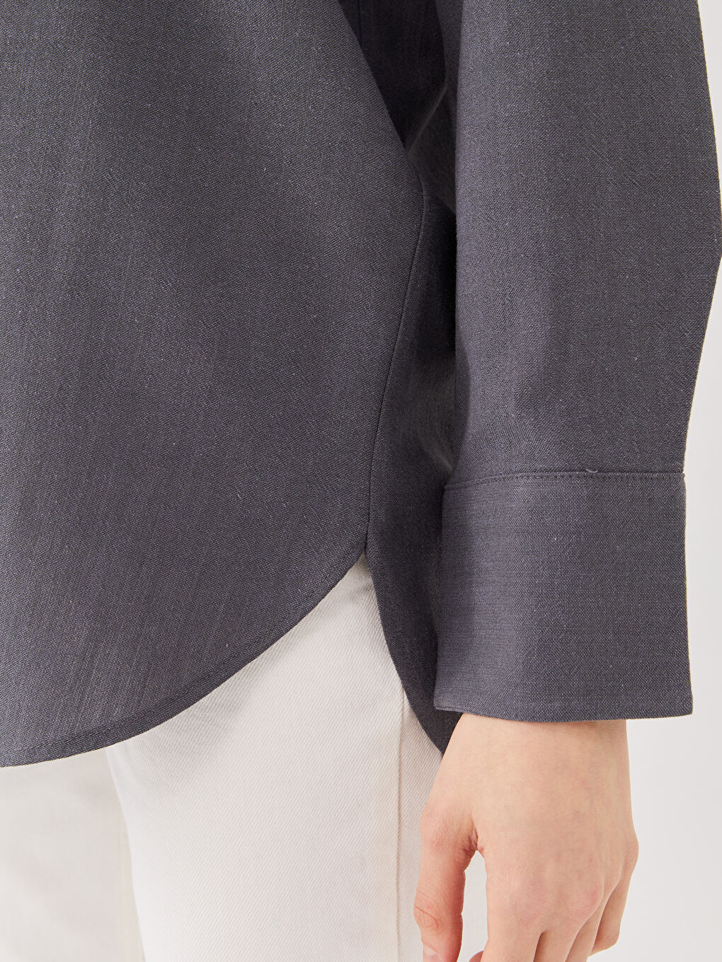 Gri Düz Uzun Kollu Oversize Kadın Gömlek-3