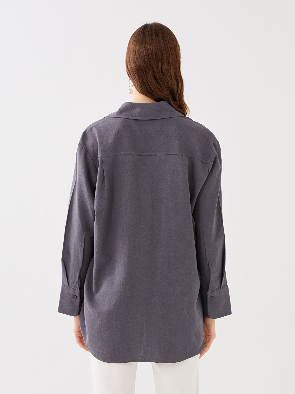 Gri Düz Uzun Kollu Oversize Kadın Gömlek-4