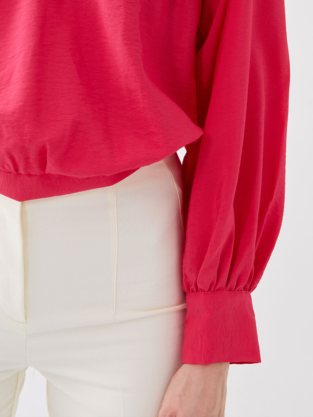 Pembe V Yaka Düz Uzun Kollu Kadın Bluz-3