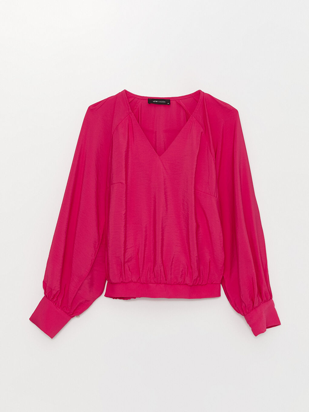 Pembe V Yaka Düz Uzun Kollu Kadın Bluz-5