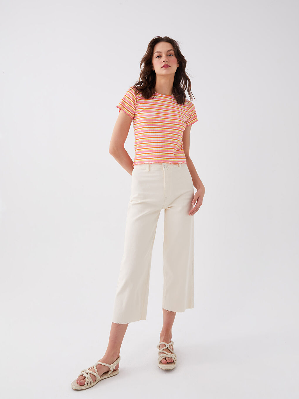 Bej Yüksek Bel Wideleg Kadın Jean Pantolon