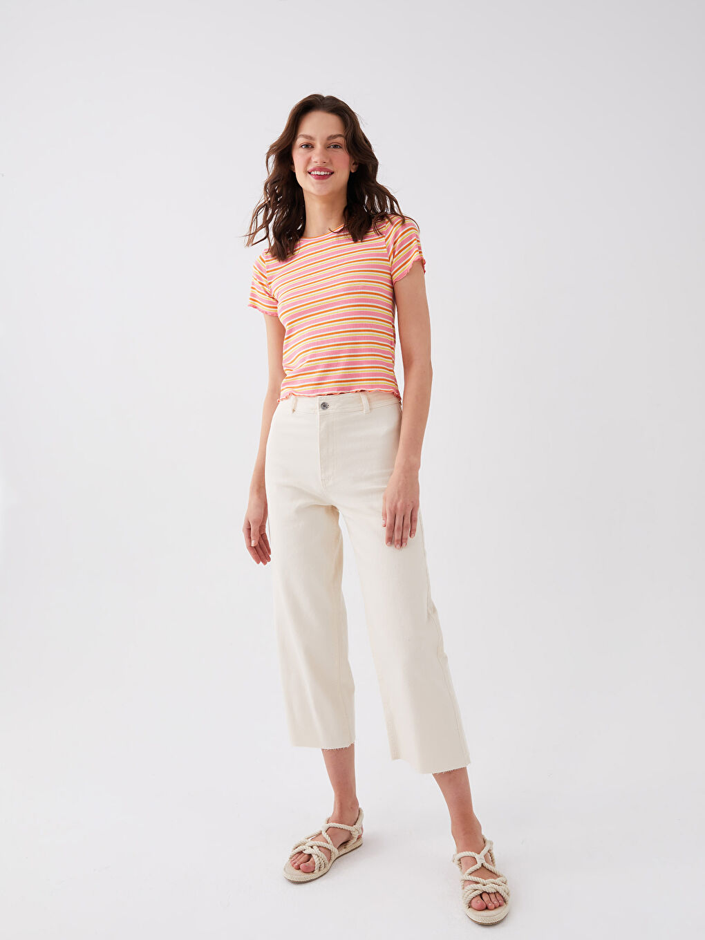 Bej Yüksek Bel Wideleg Kadın Jean Pantolon-1