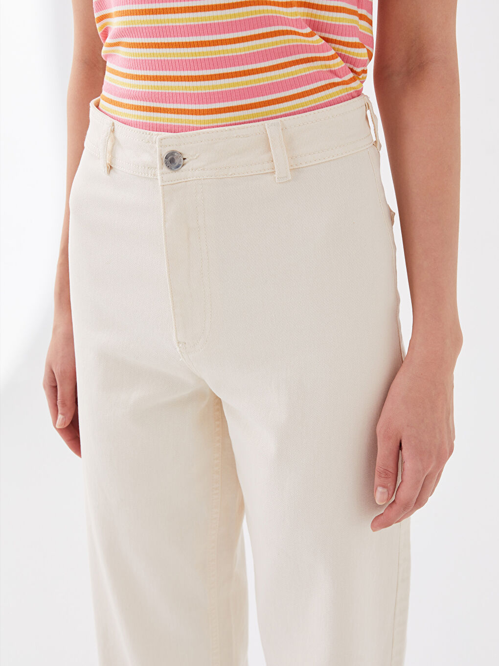 Bej Yüksek Bel Wideleg Kadın Jean Pantolon-2