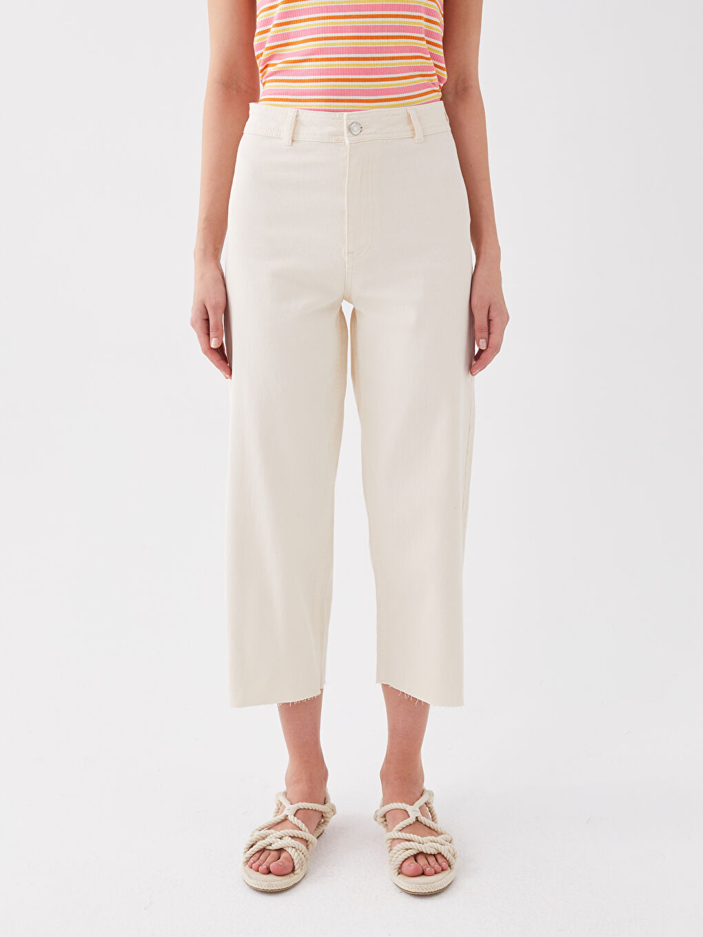 Bej Yüksek Bel Wideleg Kadın Jean Pantolon-3