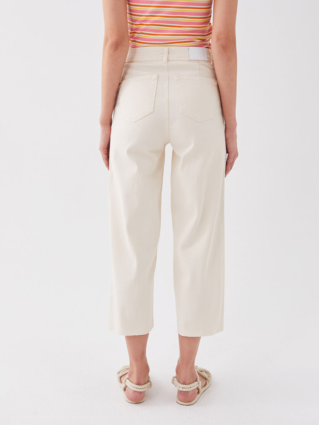 Bej Yüksek Bel Wideleg Kadın Jean Pantolon-4