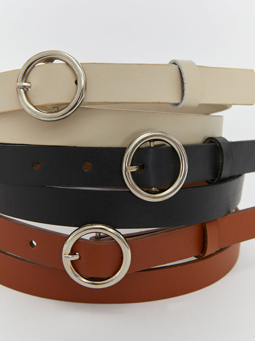 Kahverengi Deri Görünümlü İnce Kadın Kemer 3'lü-6