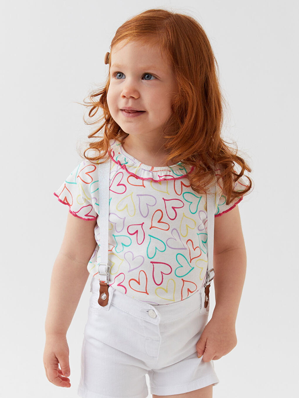 Beyaz Bisiklet Yaka Desenli Kız Bebek Tişört