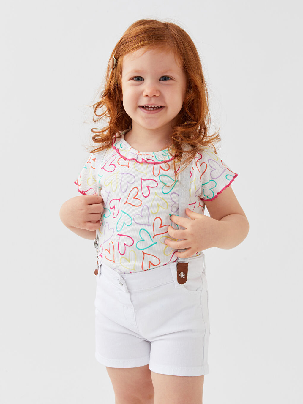 Beyaz Bisiklet Yaka Desenli Kız Bebek Tişört-1