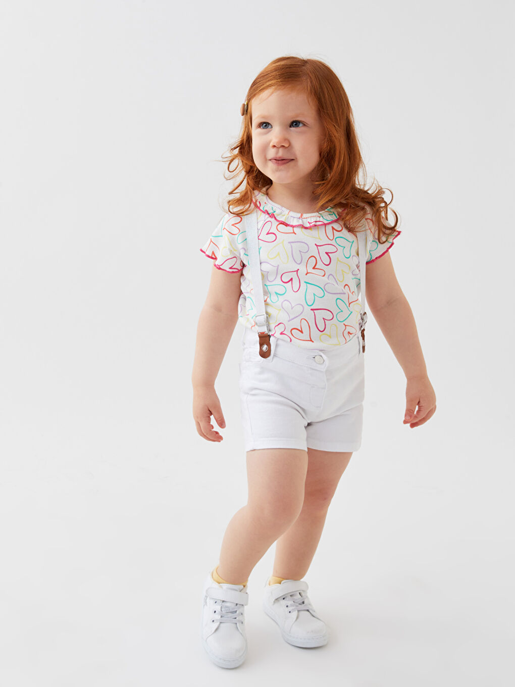 Beyaz Bisiklet Yaka Desenli Kız Bebek Tişört-2