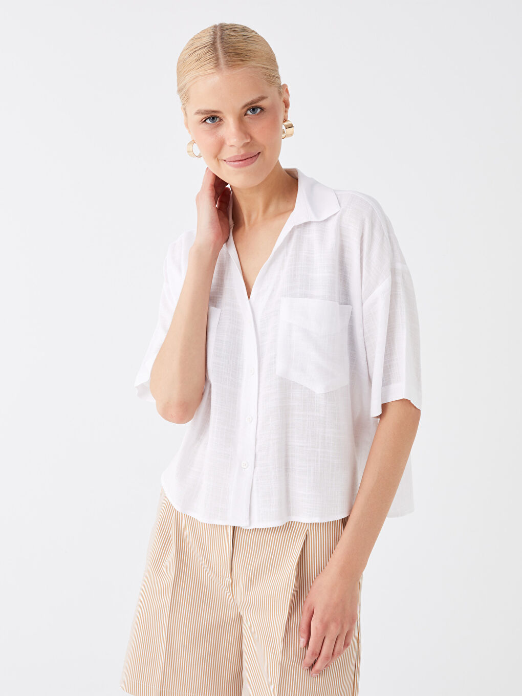 Self-Patterned Short-Sleeve Linen-Look Women's Shirt