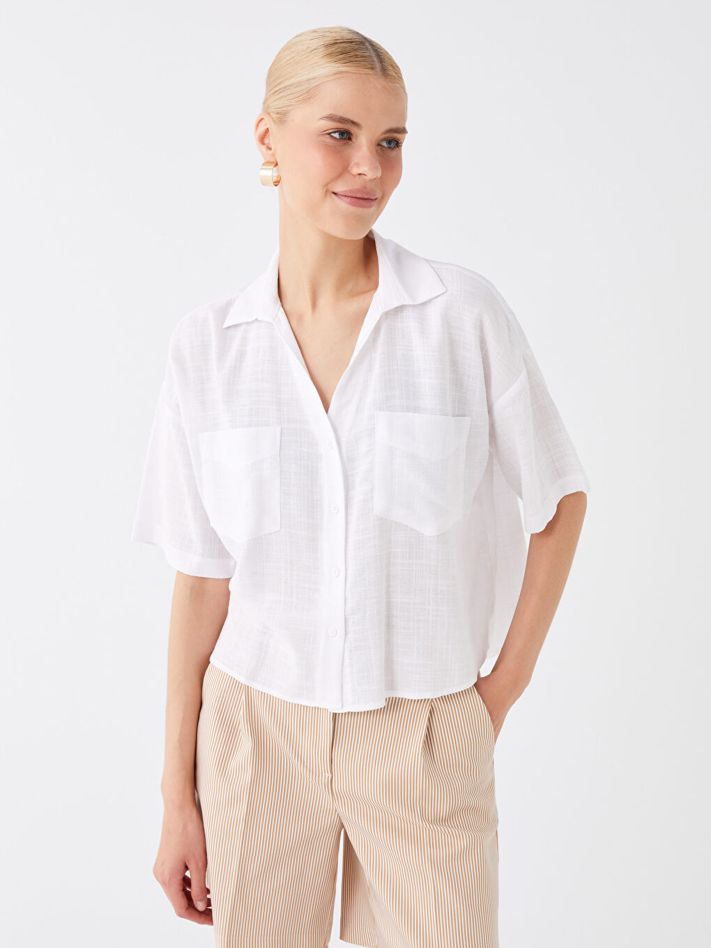 Self-Patterned Short-Sleeve Linen-Look Women's Shirt-1