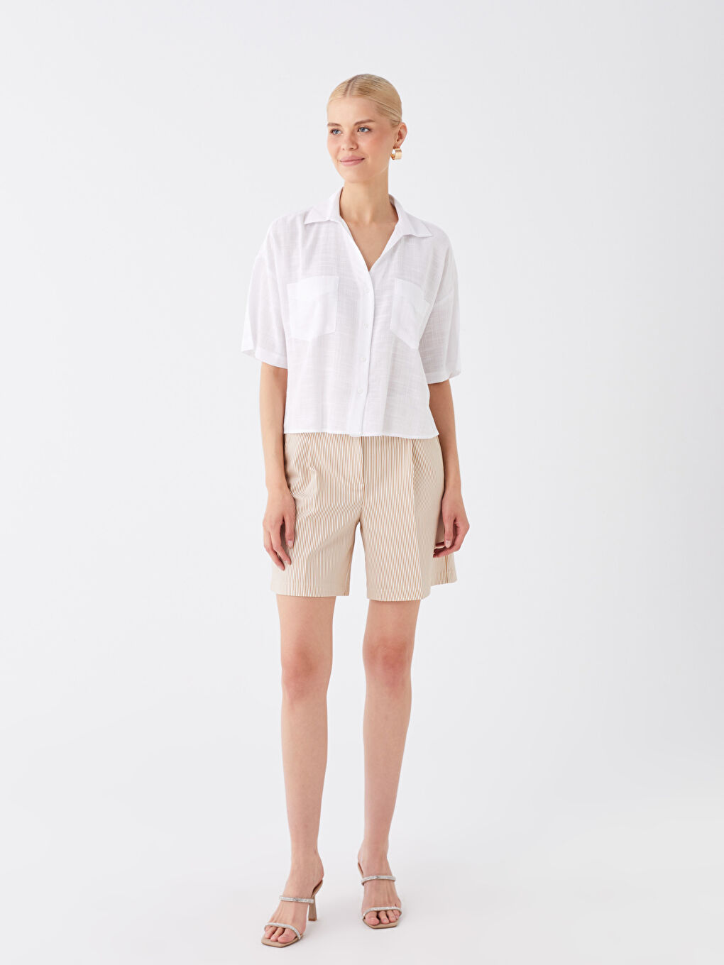 Self-Patterned Short-Sleeve Linen-Look Women's Shirt-2