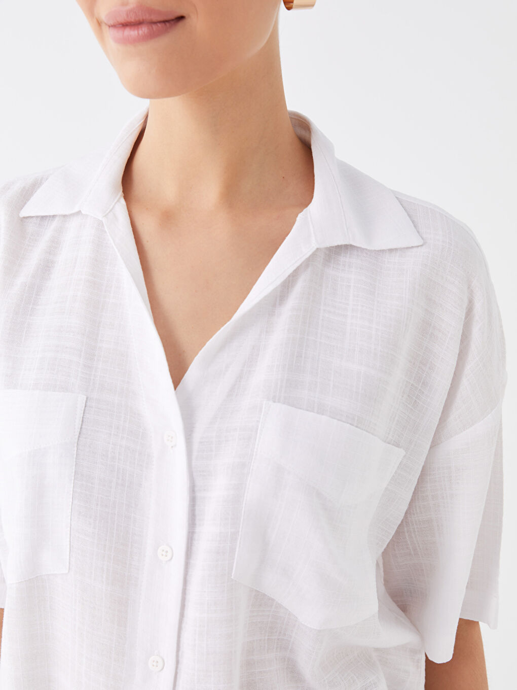 Self-Patterned Short-Sleeve Linen-Look Women's Shirt-3