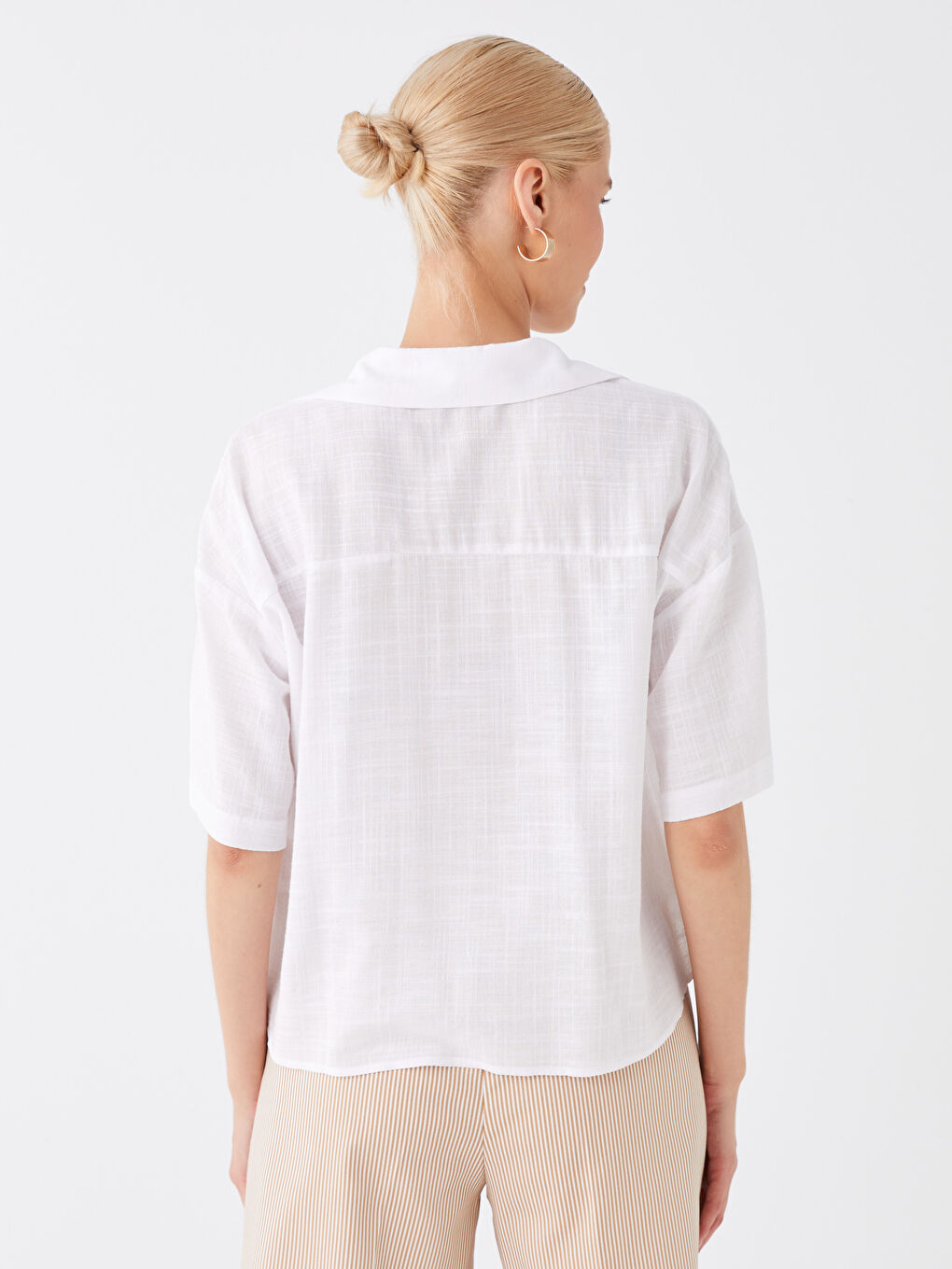 Self-Patterned Short-Sleeve Linen-Look Women's Shirt-4