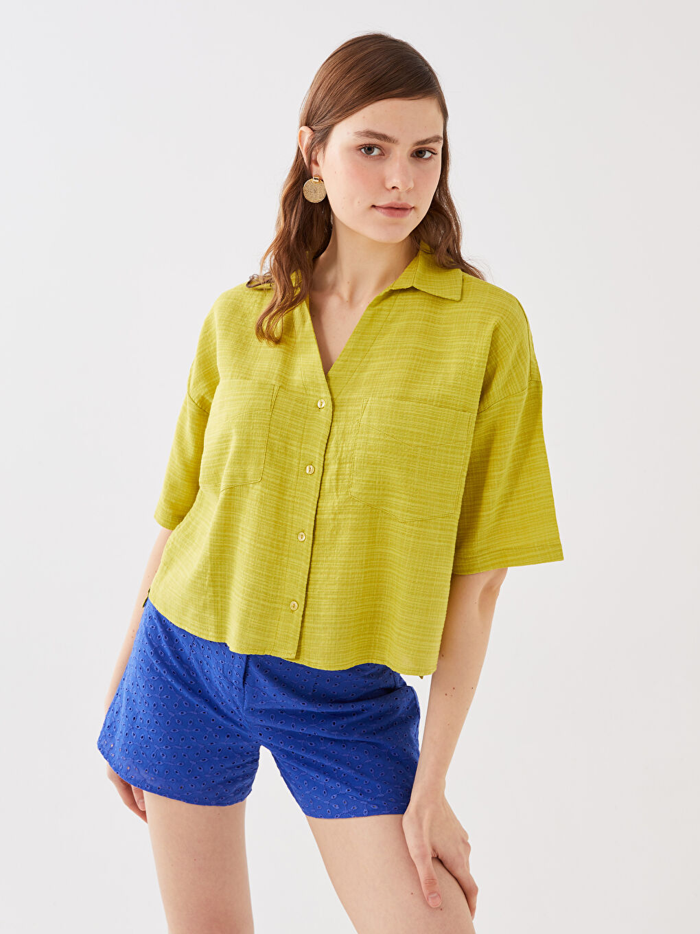 LCW Vision Selbstgemustertes Kurzarm-Leinen-Look-Hemd für Damen -S3G338Z8-EN6