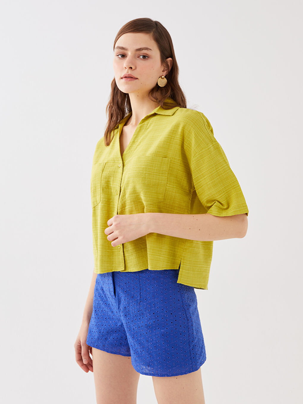 LCW Vision Selbstgemustertes Kurzarm-Leinen-Look-Hemd für Damen -S3G338Z8-EN6