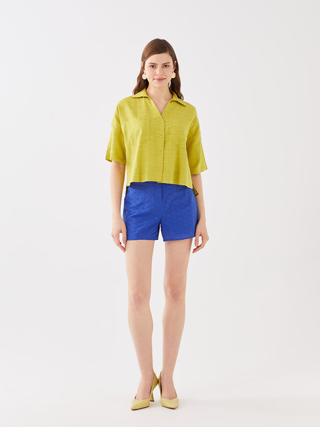LCW Vision Selbstgemustertes Kurzarm-Leinen-Look-Hemd für Damen -S3G338Z8-EN6