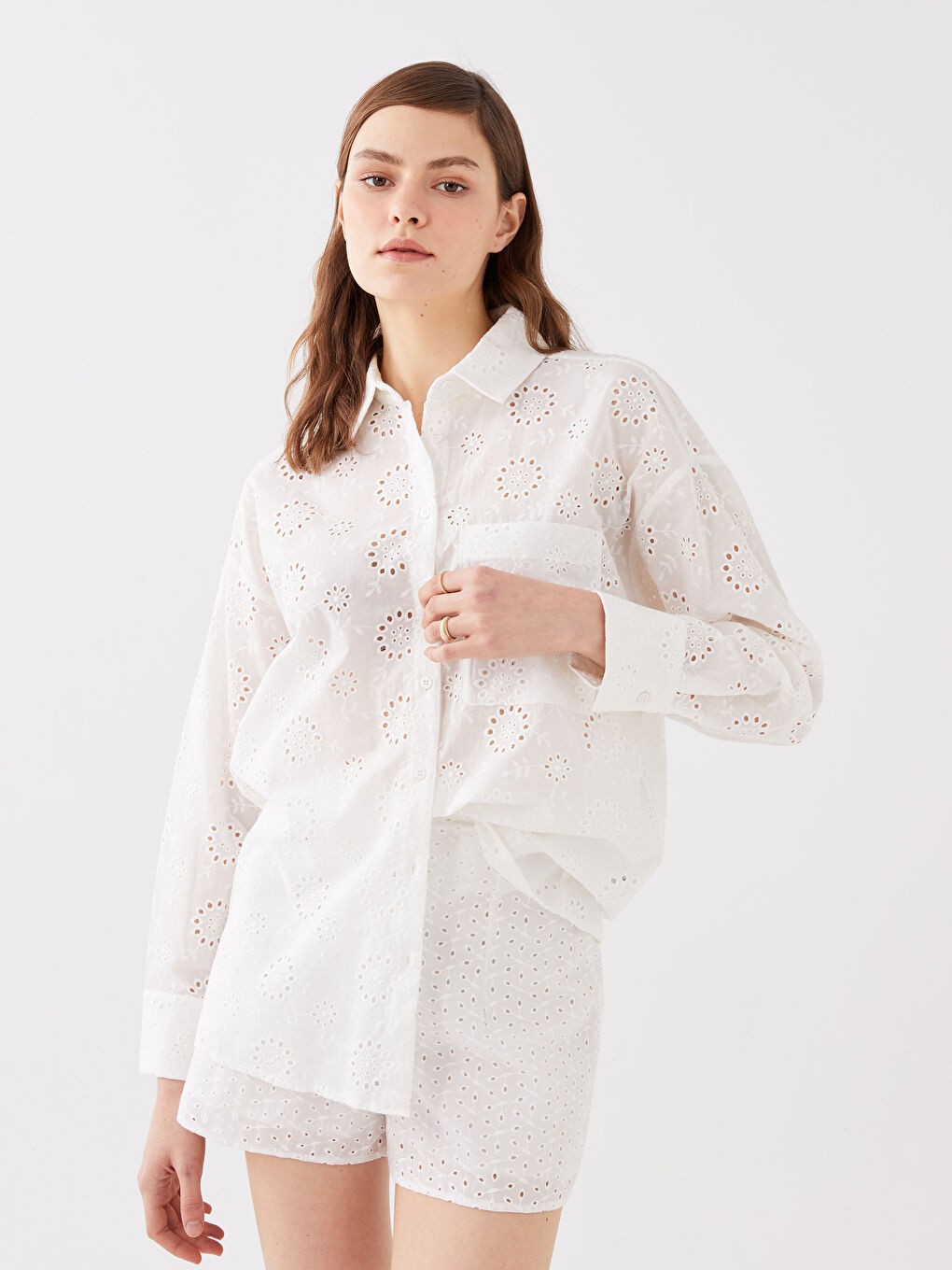 Self Patterned Long Sleeve Oversize Brode Women's Shirt