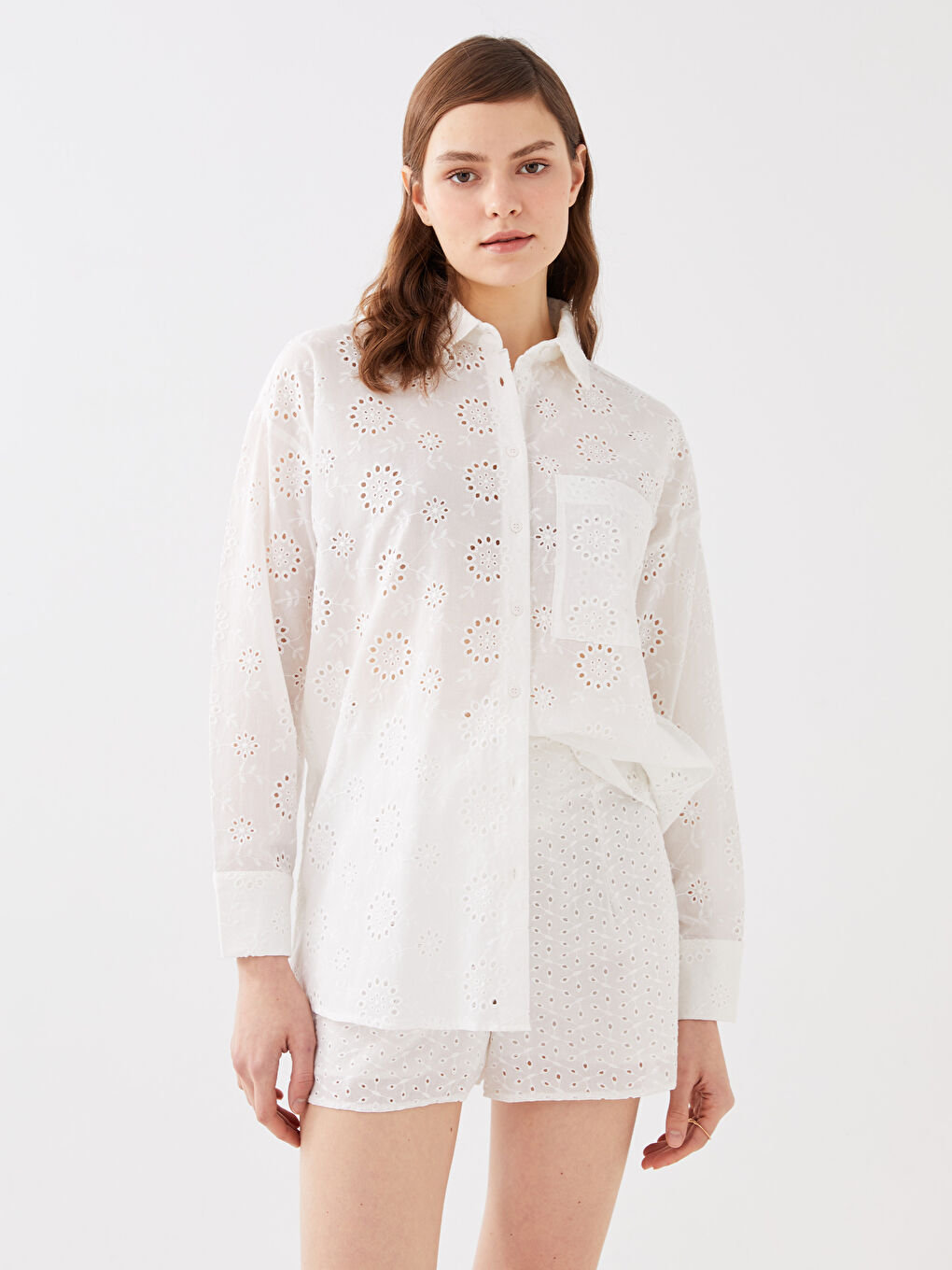 Self Patterned Long Sleeve Oversize Brode Women's Shirt-1