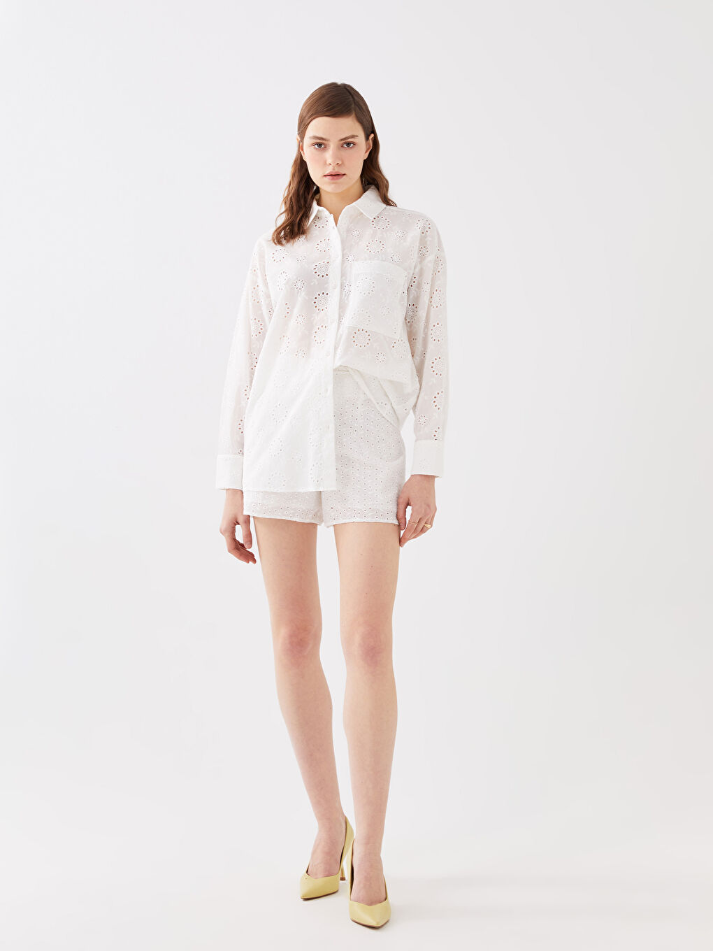 Self Patterned Long Sleeve Oversize Brode Women's Shirt-2