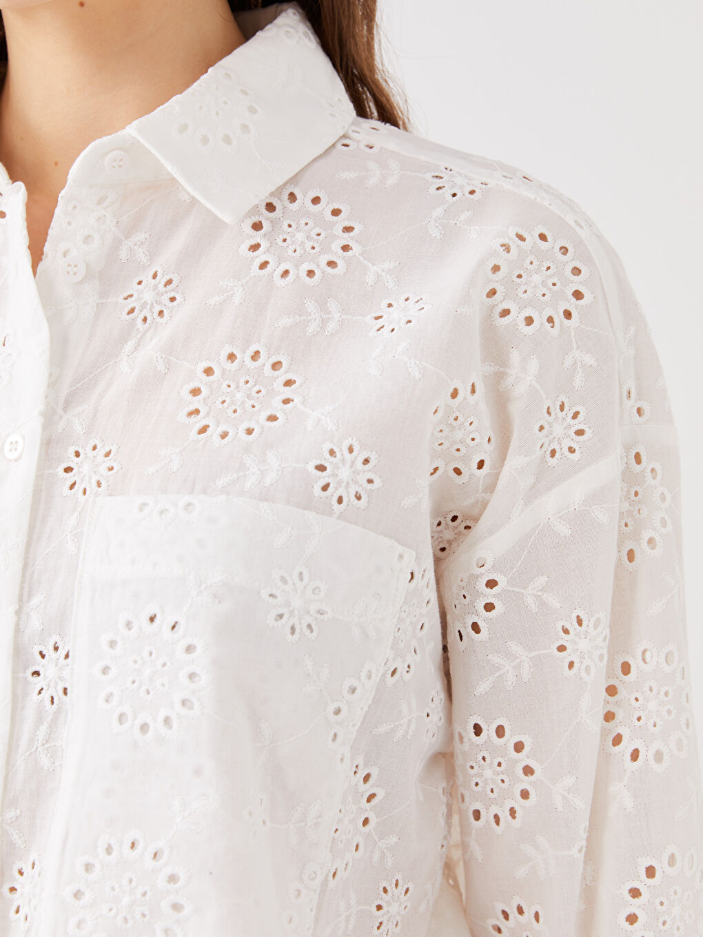 Self Patterned Long Sleeve Oversize Brode Women's Shirt-3