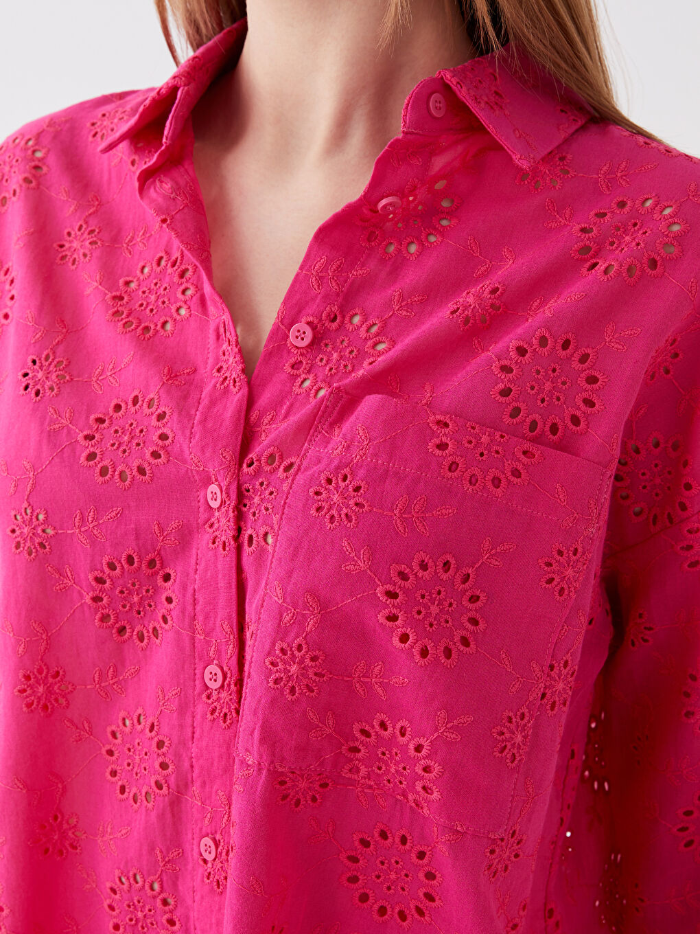 Pembe Kendinden Desenli Uzun Kollu Oversize Brode Kadın Gömlek-3