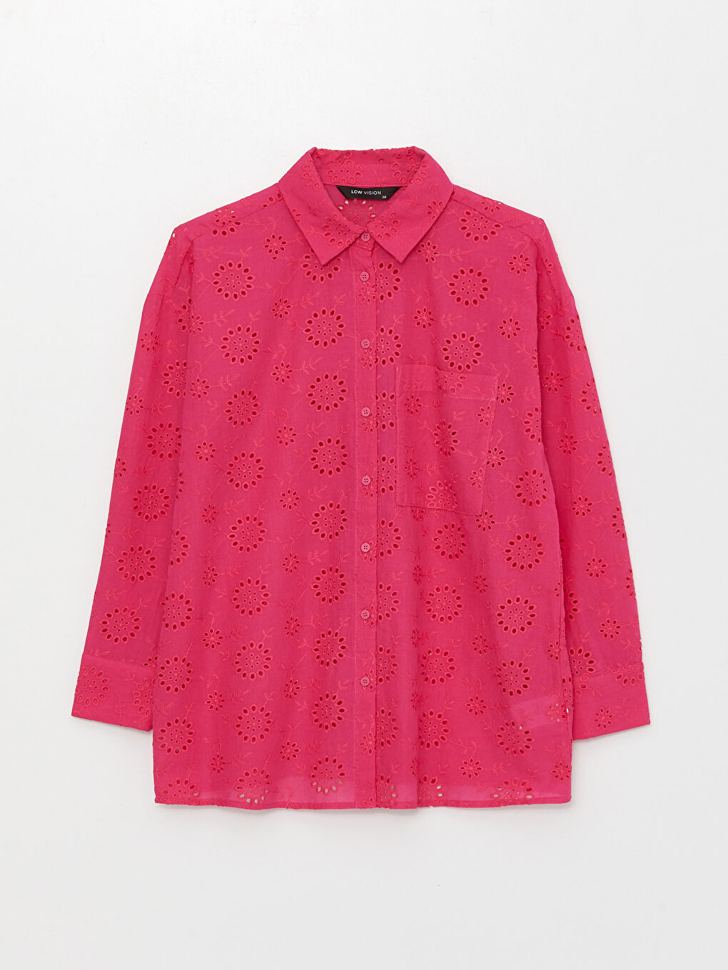 Pembe Kendinden Desenli Uzun Kollu Oversize Brode Kadın Gömlek-5