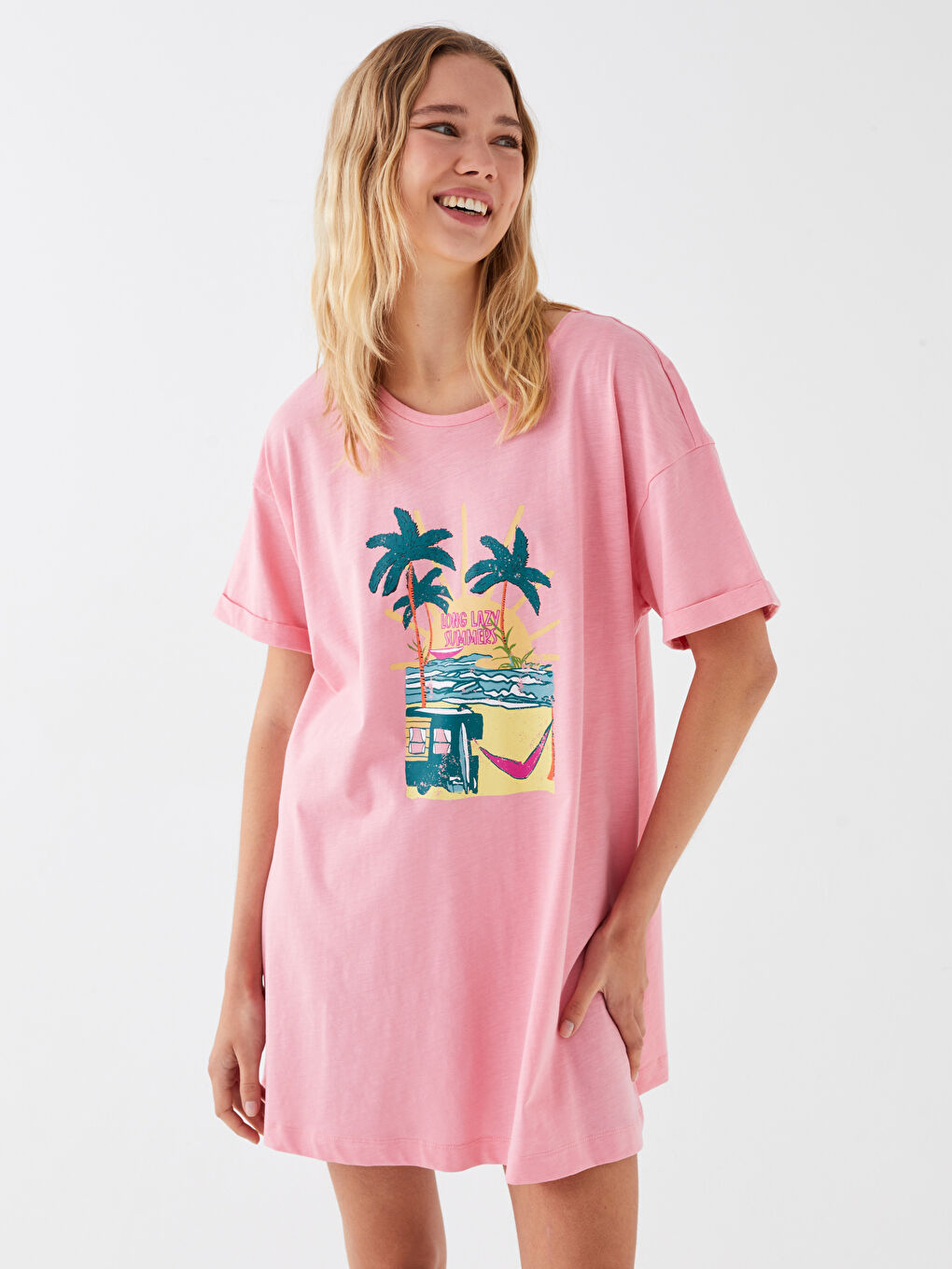 Crew Neck Printed Short Sleeve Women's Beach Dress -S3G342Z8-FLX
