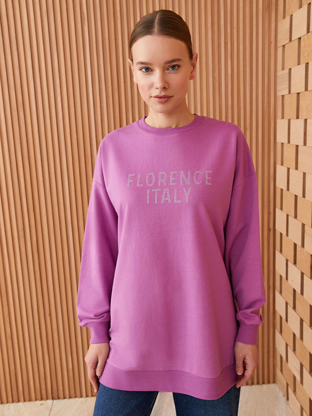 Crew Neck Stone Printed Long Sleeve Oversize Women's Sweatshirt Tunic-1