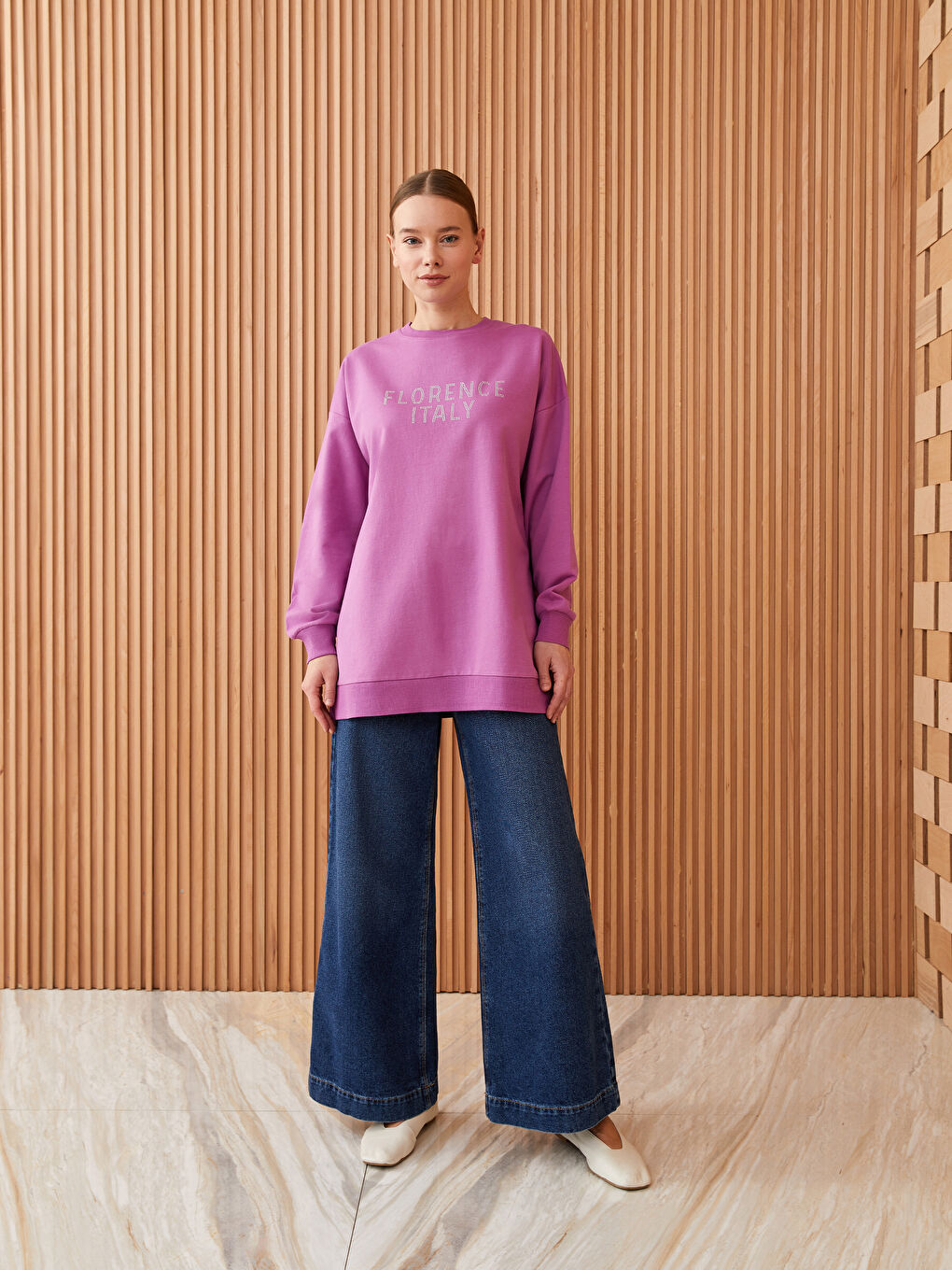 Crew Neck Stone Printed Long Sleeve Oversize Women's Sweatshirt Tunic-2